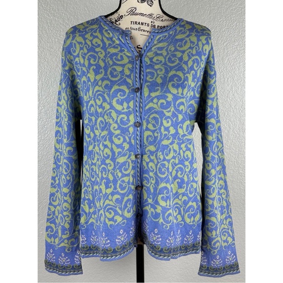 Icelandic Design Women’s Floral Print Blue Green Cardigan Sweater, size Large - Picture 1 of 8